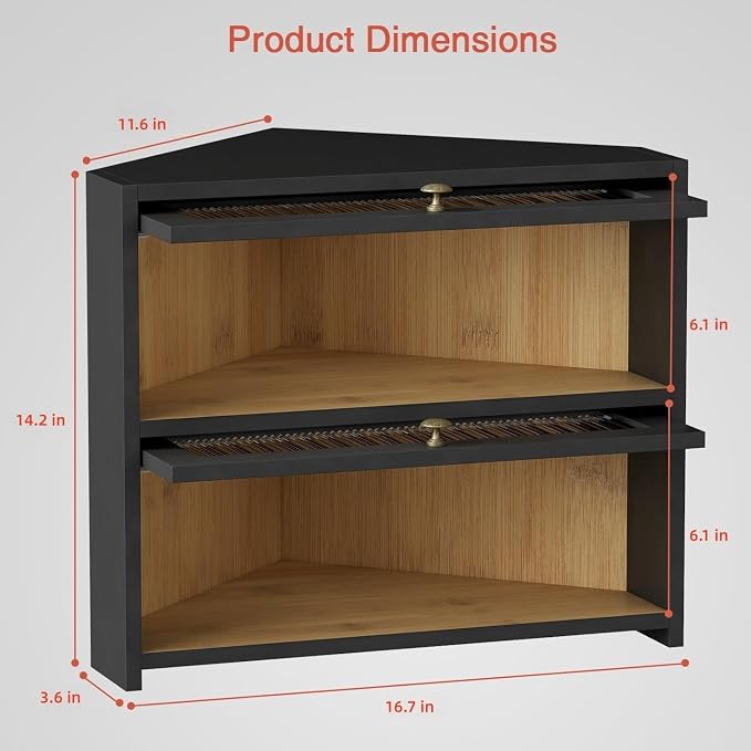 Goozii Corner Bread Box for Kitchen Countertop, Double Layer Large Breadbox for Counter Top, 2 Tier Roll Up Vintage Farmhouse Homemade Bread Storage Container Holder Keeper for Cabinet (Black)