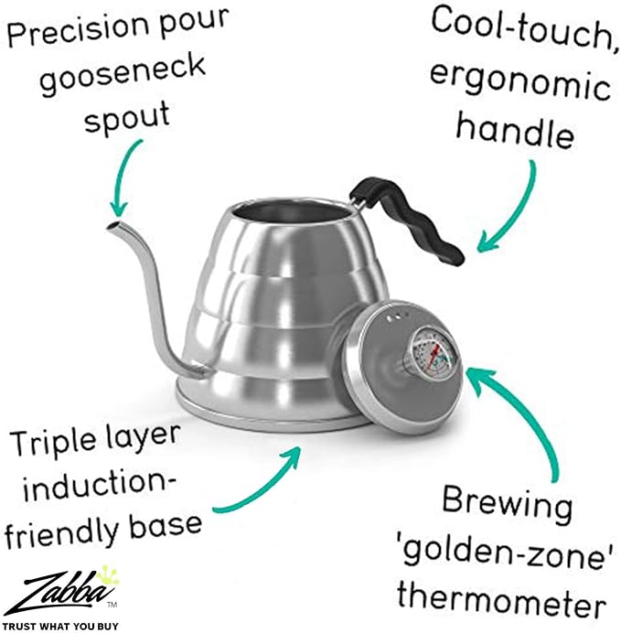 Coffee Gator Gooseneck Kettle with Thermometer - 34oz | Stainless Steel Pour Over Coffee Maker, Stove Top, w/Precision Drip Spout, for Drip , French Press, Tea Kettle, 4 Cup, 1L
