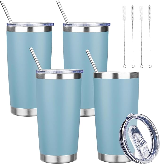20 oz Tumbler with Lids and Straws, Stainless Steel Insulated Travel Coffee Mug, Double Wall Vacuum Insulated Tumblers, Powder Coated Coffee Tumbler for Cold & Hot Drinks (Azure Blue,4pack)