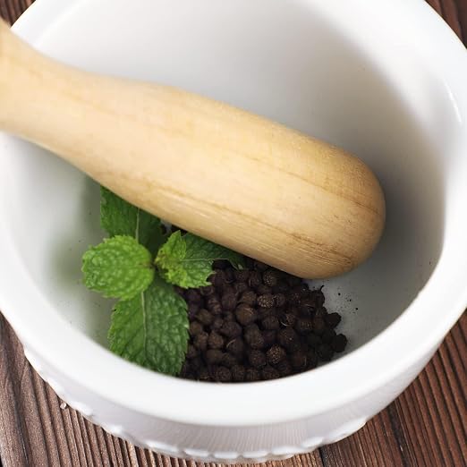 Wooden Procelain Mortar and Pestle Set, Ceramic Pill Crusher Spice Grinder, Herb Bowl, 3.7 inch White