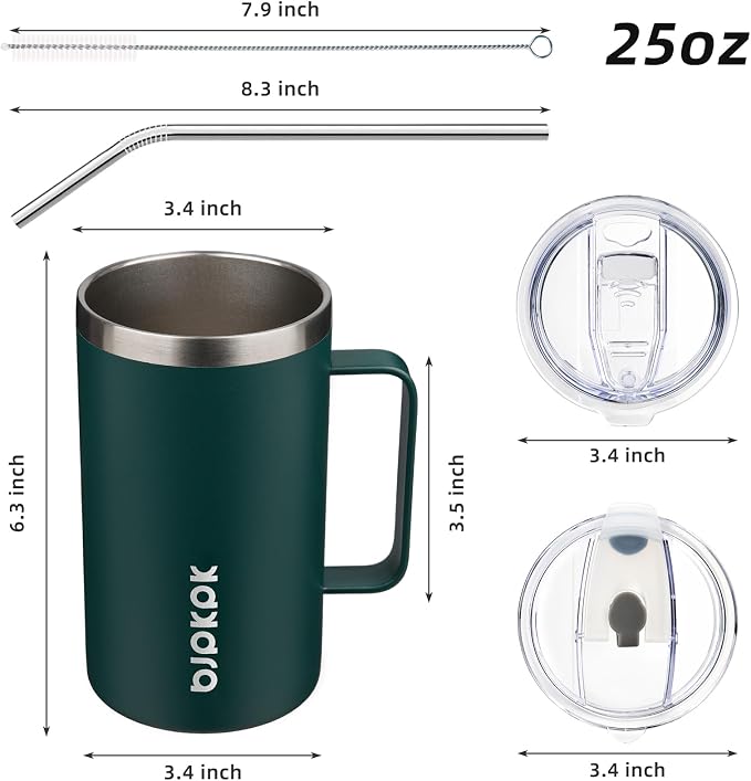 BJPKPK 25oz Insulated Coffee Mug with Handle, Stainless Steel Travel Mug | Keeps Drinks Hot & Cold, Double Wall Vacuum, 2 Lids Included, BPA-Free Coffee Tumbler for Home, Office & Travel