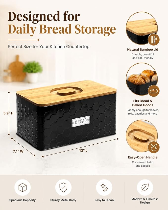 Bread Box for Countertop, Small Black Metal Bin with Bamboo Lid | Small farmhouse bread storage container and bread bin with cutting board lid for homemade bread and baked goods organization.