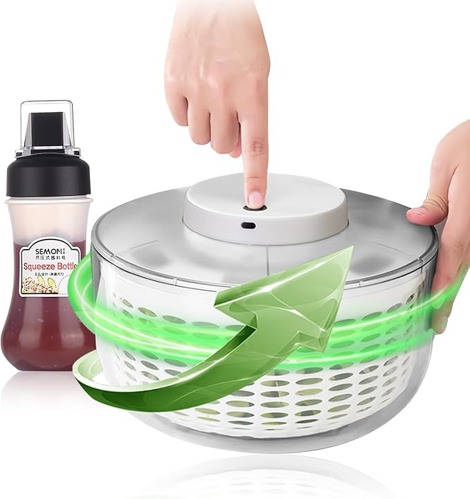 Electric Salad Spinner, 6L Vegetable Washer Dryer with 350ml Squeeze Bottle | Large Capacity Automatic Vegetable Washer Drainer Strainer for Fruit Drying, USB Lettuce Spinner Cleaner for Home Kitchen