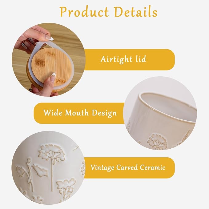 TEATALK Embossed Ceramic Canister with Airtight Lid, 23oz Decorative Storage Jar for Coffee, Tea, Sugar, Flour & Cookies, Farmhouse Kitchen Canisters for Counter, Pantry Organization, Flower Butterfly