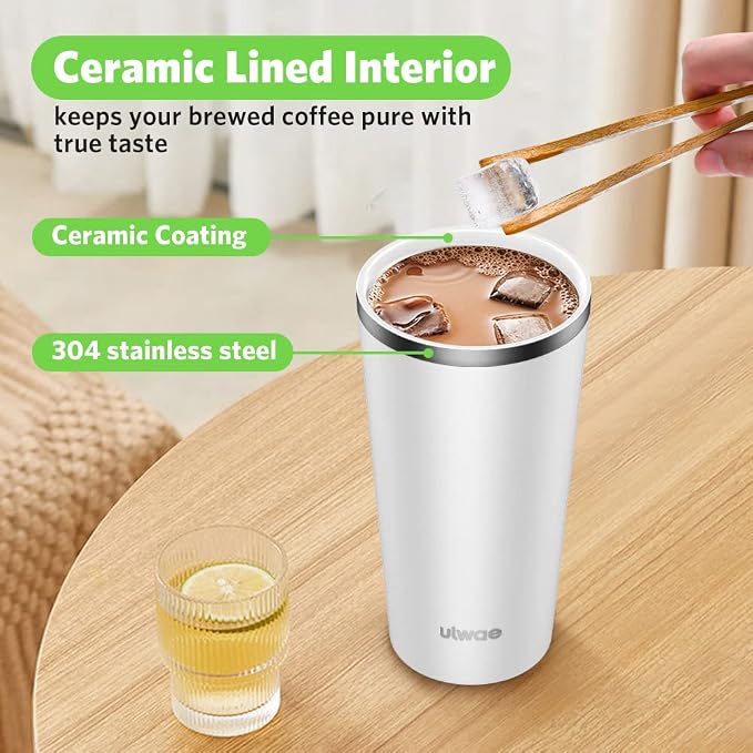 Insulated Coffee Mug with Ceramic Coating, 18oz Travel Mug with Leak-proof Lid, Vacuum Double-wall Tumbler, Stainless Steel Thermal Cup for Tea, Hot Cocoa, Cold Beverage, Ice Drinks
