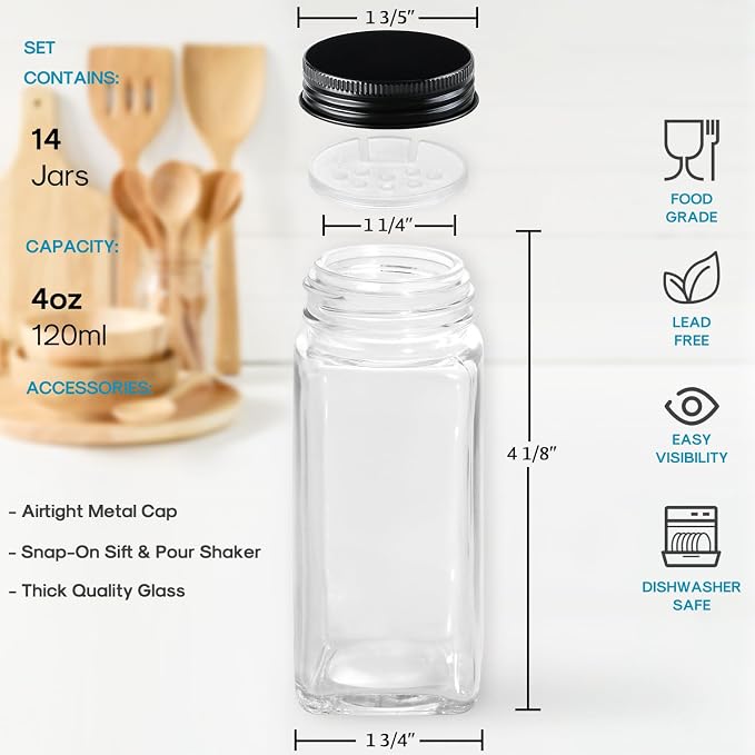 AOZITA 14 Pcs Glass Spice Jars with Black lids - 4oz Empty Square Spice Bottles and Spice Labels - Black Shaker Lids and Airtight Metal Caps - Silicone Collapsible Funnel Included