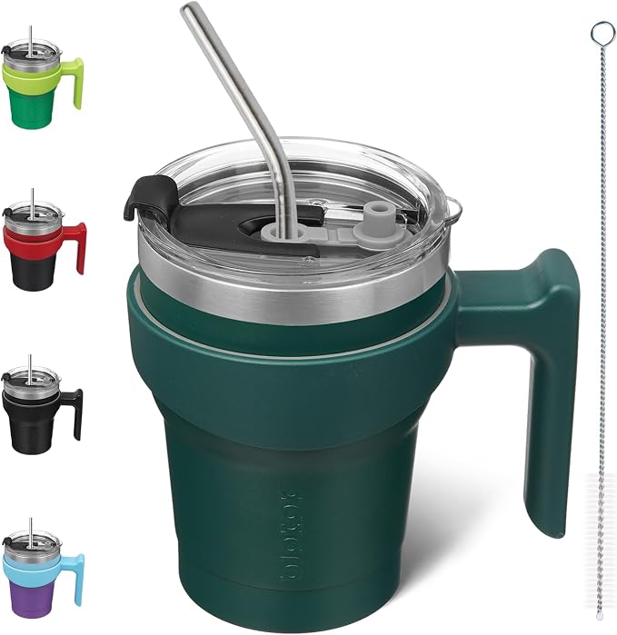 BJPKPK 10 oz Mini Tumbler with Lid, Straw & Handle, Insulated Steel Cup | Small, Spill Proof, Leak Proof, Thermal, Double Wall Vacuum, Sweatproof, Dishwasher Safe, BPA Free, Army Green