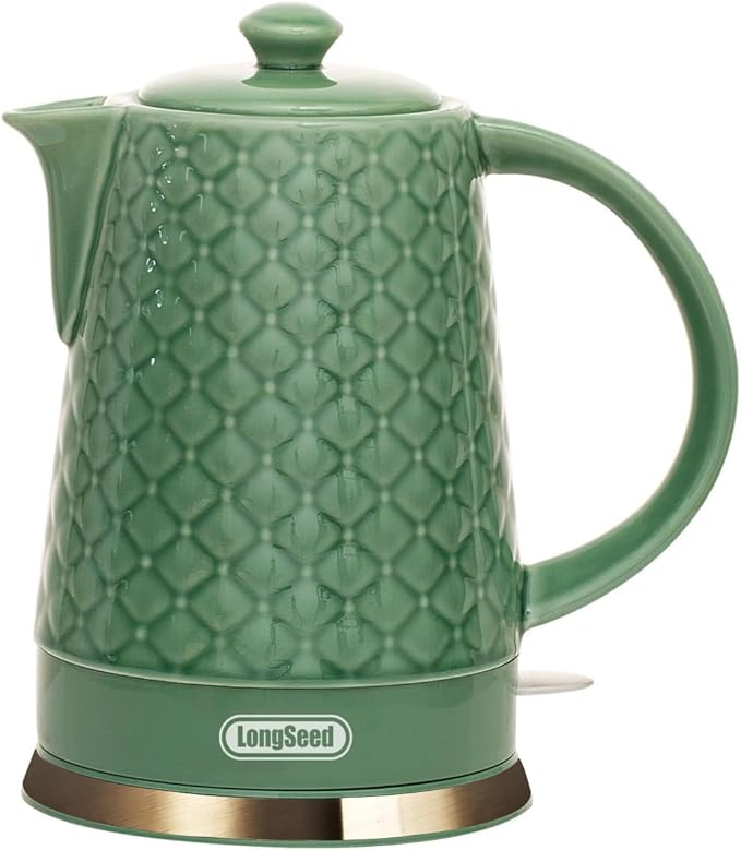 1.5L Ceramic Electric Kettle, 1200W Fast Boil Retro Tea Pot with LED Light, BPA-Free Porcelain Cordless Water Boiler, Auto Shut-Off & Boil-Dry Protection, Green Relief Carving