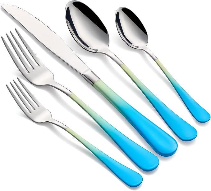 Colorful Silverware Set 20 Piece 18/0 Stainless Steel Flatware Blue and Yellow Handle Cutlery Set Service for 4 Fork Knife Spoon Set Mirror Finish Dishwasher Safe