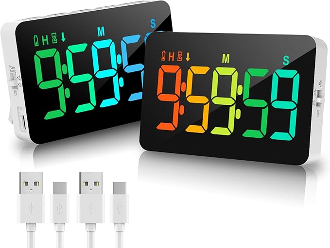 Samshow Rechargeable Digital Kitchen Timer, 2 Packs, Color Change | 10 Dynamic RGB Color, Countdown/Up, 3 Brightness 4 Volume Adjustable, Magnetic, 5" LED Display, For Classroom/Home/Classroom