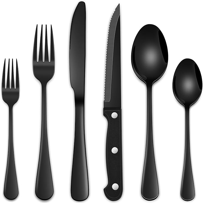 24-Piece Black Silverware Set with Steak Knives, Black Flatware Set for 4, Food-Grade Stainless Steel Tableware Cutlery Set, Mirror Finished Knife Spoon And Fork Sets for Home Restaurant