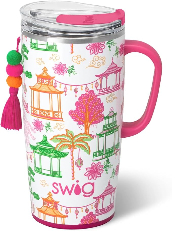 Swig Life 22oz Insulated Travel Mug with Handle & Lid, Pagoda Paradise | Triple Insulated Stainless Steel - Handle & Lid Included - Keeps Coffee Hot or Cold - Cup Holder Friendly