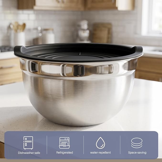 7PCS Stainless Steel Mixing Bowls, Airtight Lid Storage Set | Stackable Nesting Design Suitable For Mixing, Baking, Food Prep, Salad Serving And Refrigerator Storage. Dishwasher Safe.
