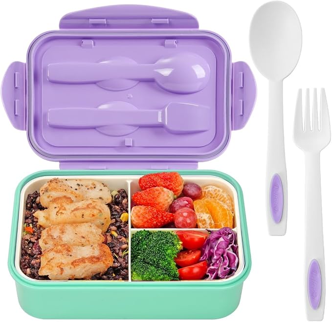 LOVINA Bento Boxes for Adults - 1100 ML Lunch Box Container For Kids Teens | Built-in Spoon & Fork - Durable for On-the-Go Meal, BPA-Free and Food-Safe Materials(Purple Green)