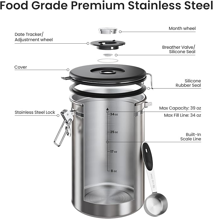 Veken Coffee Canister,39OZ, 2.2lbs,Large Airtight Stainless Steel Container | Kitchen Food Storage Jars for Beans,Ground, Espresso, Rice,Tea, Sugar, Cereal, Cookie,Gifts, Lids, Scoop, Silver