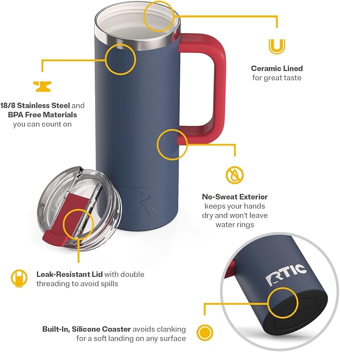 RTIC 20oz Road Trip Travel Mug with Lid and Handle, Ceramic Lined, Insulated, Stainless Steel, Metal, Double Wall Vacuum-Insulation, Portable Coffee, Tea Cup for Hot and Cold Drink, Patriot