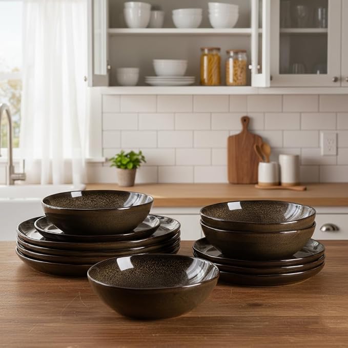 AmorArc Ceramic Dinnerware Sets for 4, 12Pcs Plates and Bowls Sets Dishes | Stoneware Handmade Reactive Glaze Dinner Set, Highly Scratch Resistant | Dishwasher & Microwave Safe Dishware