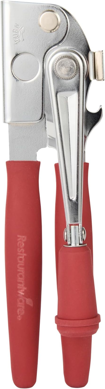 Restaurantware Stainless Steel Magnetic Manual Can Opener - German Standard Red Crank Can Opener with Magnet, Ergonomic Handles, Non-Slip - Heavy-Duty Hand Can Opener, Easy Turn, Sharp Blade
