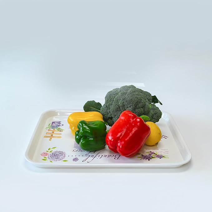 Large Floral Melamine Serving Trays 2 Pack Rectangle Food Platter | Stackable, Reusable, Raised Edge, Rectangular, Easy Clean,For Gift, Party, Decor, Home, Restaurant Use,Household Dining