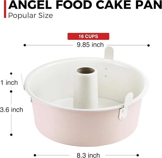 Nonstick Angel Food Cake Pan with Removable Bottom, 10 Inch Tube Pound Cake Pans for Baking Chiffon Cake, 16-Cup, Heavy Duty, Pink