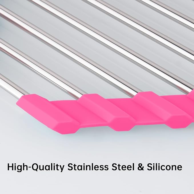 Tomorotec Triangle Roll Up Dish Drying Rack 304 Stainless Steel Rose | BPA-Free Food-Grade Silicone Edges Foldable Waterproof Rustproof Heavy-Duty Space Saver Heat Resistant to 550°F