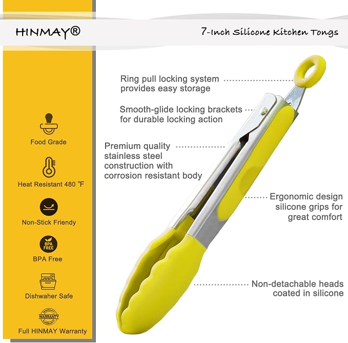 HINMAY Small Appetizer Tongs 7" Silicone Kitchen Tongs, Set of 3 (Yellow)
