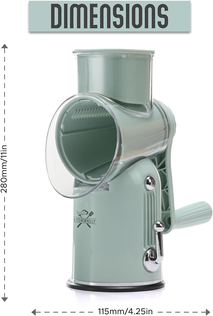 Rotary Cheese Grater Hand Crank, 5 in 1 Vegetable Slicer, Manual Cheese Shredder with Stainless Steel Blades, Food Grater for Cheese Vegetables Nuts, Suction Base, Easy Clean, Green