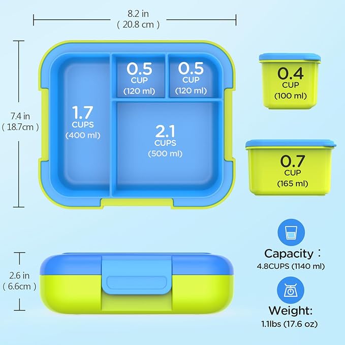 Caperci Bento Box for Kids Age 4-8 - 4.8 Cups Lunch Box with 2 Modular Containers - 4 Compartments Lunch Container, Leak-Proof, Portable Handle, Microwave/Dishwasher Safe (Blue/Juicy Pear)