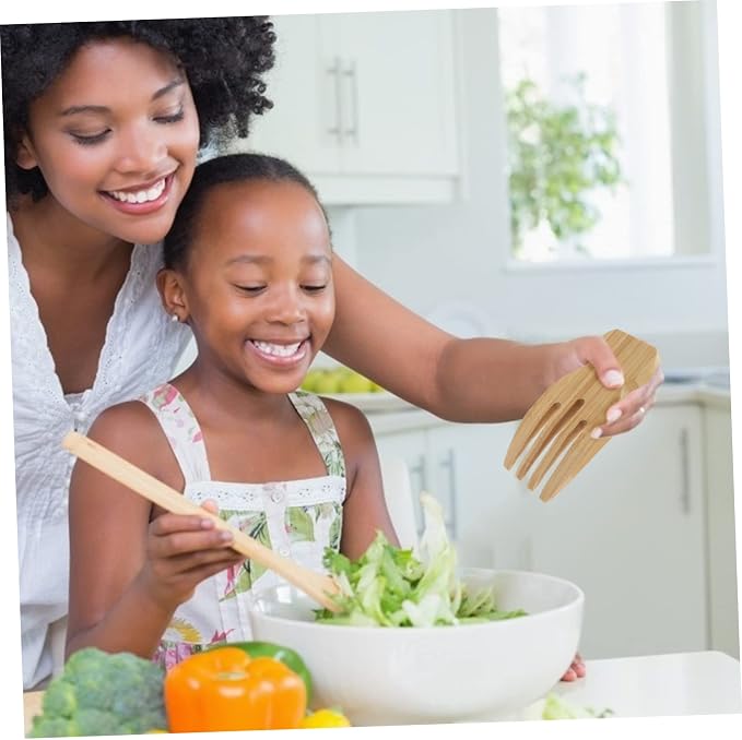 Bamboo Salad Servers Non-Stick Salad Hands Forks Wooden Cooking Utensils for Mixing and Serving for Parties and Gatherings