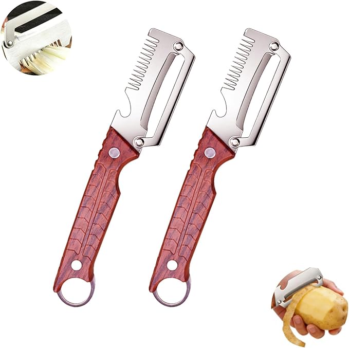 2PCS Multi-Functional Vegetable Peeler for Kitchen, 3 in 1 Stainless Steel Blade with Wooden Handle and Bottle Opener, Kitchen Gadgets Tool for Fruit Peeling Potato Carrot Veggie Peeler (B)