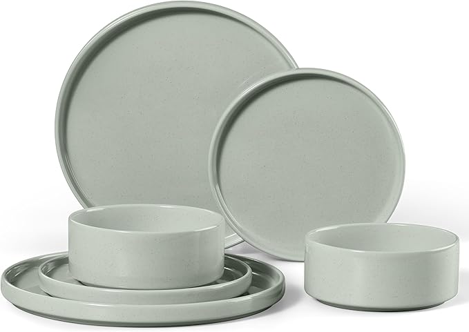 E-far 6-Piece Stoneware Dinnerware Sets, Plates and Bowls Set for 2, Green | Kitchen Modern Dishes Set for Everyday & Formal, Chip and Scratch Resistant, Microwave & Dishwasher Safe, Speckled Green