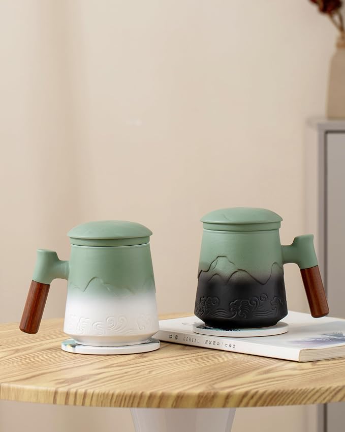 ZENS Tea Infuser Mug with Lid & Coaster for Loose Leaf Tea Steeper, 15oz | Embossed Ceramic Tea Cup with Infuser for Loose Tea Difussers, Tea Lovers Gifts, Nature Wood Handle, White
