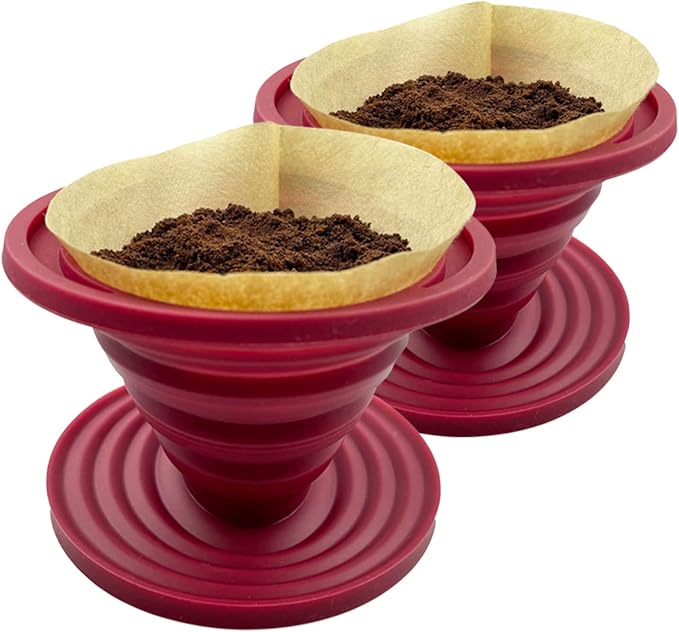 Attsky Collapsible Pour Over Coffee Dripper for Camping, 2-Pack, Red | Reusable Silicone Filter Holder for Travel & Backpacking, Brews 2+ Cups, Single-Cup Brewer, Compact Camp Coffee Maker Kit