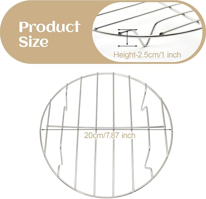 7.87" Round Cooking Rack, 2 Pcs, Stainless Steel | Baking, Cooling, Steaming, Grilling Rack for Air Fryer, Pressure Cooker, Cooking Enthusiasts