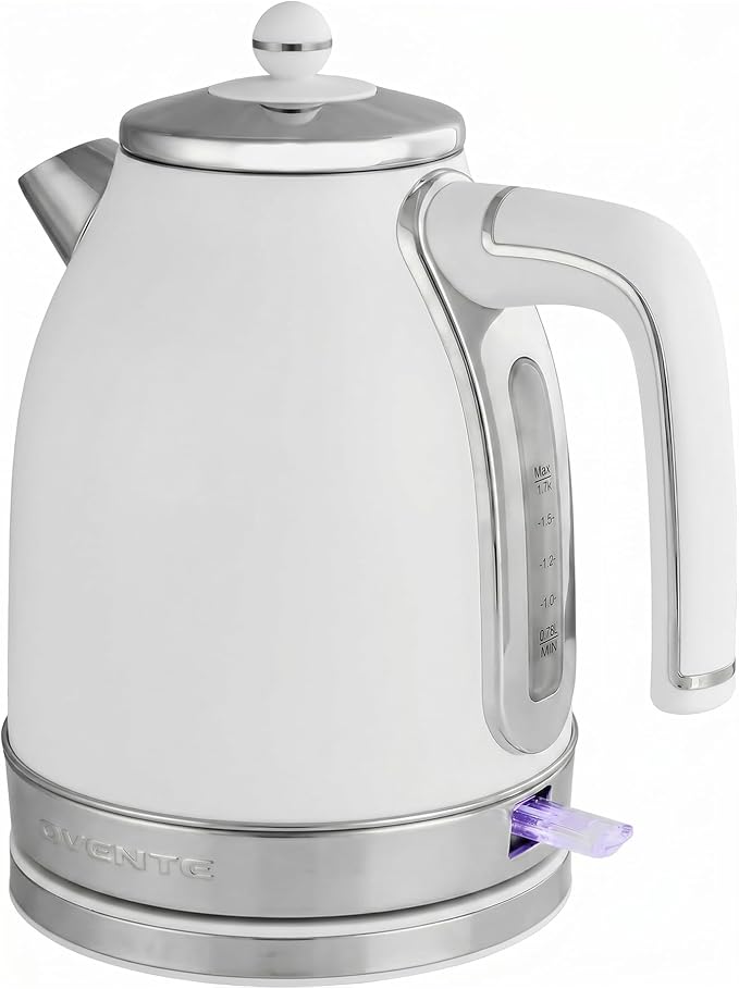 OVENTE 1.7L Stainless Steel Electric Kettle, 1500W Power, White KS777W | Fast Boiling Heater, BPA Free, Cordless Body Design, Auto Shut-Off, Boil-Dry Protection, Indicator Light and Removable Filter