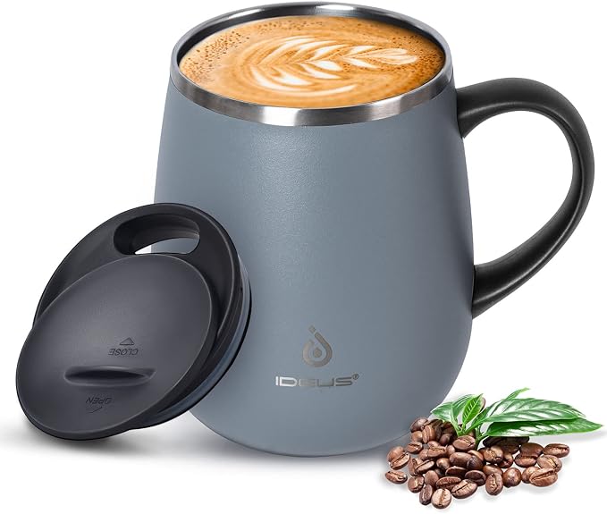 Ideus 16 oz (470 ml) Insulated Coffee Mug with Handle and Lid, Double Wall Stainless Steel Vacuum Thermal Coffee Mug, Travel Coffee Cup Thermal Cup for Home and Office (Ultimate Gray)