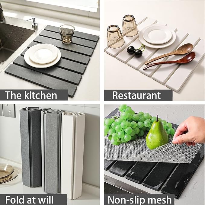 Large Stone Dish Drying Mat for Kitchen Counter,Equipped Dish Rack, Diatomaceous Earth Material, Foldable and Super Absorbent Dish Drying Pad Suitable for Tableware, Bottles and Cup (Grey, 24×16 IN)