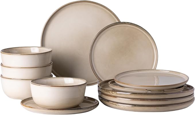 GBHOME Dinnerware Sets for 4, 12 Pieces Ceramic Plates and Bowls Set | Scratch Resistant Stoneware Dishes Set, Dishwasher & Microwave Safe, Reactive Glaze-Cappuccino