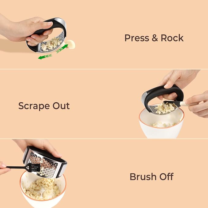Garlic Press Rocker, Stainless Steel with Triangular Holes | Effortless Squeeze for Weak Hands,Easy to Clean,Medium Size for Daily Home Cooking