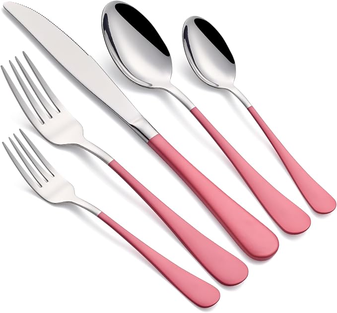 20-Piece Pink Silverware Set 18/0 Stainless Steel Flatware Pink Handle Cutlery Set Service for 4 Dinner Knives Forks Spoons Set Mirror Finish Dishwasher Saf