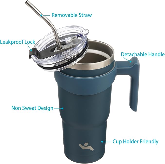 Konokyo 20 oz Tumbler with Handle and Straw, Insulated Travel Mug | Navy Blue; BPA-free, leak-proof tumbler with 2 lids, 2 straws, cup holder fit for coffee, office, travel & daily use