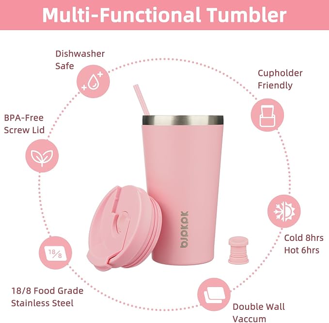 BJPKPK 18 oz Coffee Tumbler with Straw, Insulated Stainless Steel Cup | Double Wall Vacuum, Leak Proof, Keeps Hot/Cold, BPA Free, Dishwasher Safe, Cupholder Friendly, Travel, Light Pink