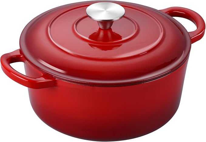 6 Quart Dutch Oven with Lid, Leonyo 6QT Enameled Cast Iron Dutch Oven for Sourdough Bread Baking, Heavy Duty Cookware for Braising, Stews, Roasting, Red