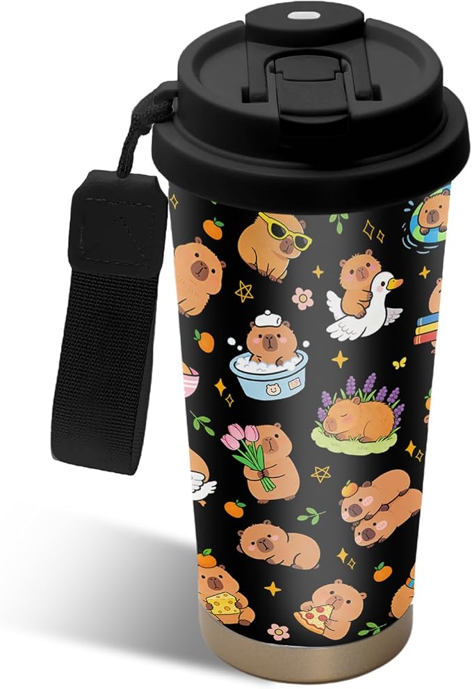 Capybara Water Bottle Stainless Steel 2-in-1 Lid Coffee Tumbler 18 oz Cute Capybara Print Insulated Travel Coffee Mug Capybaras Gifts for Women Girls Birthday Christmas