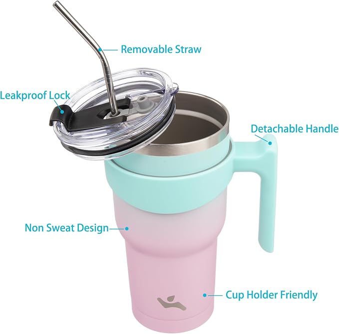 Konokyo 30 oz Tumbler with Handle and Straw, Insulated Travel Mug | Gum; BPA-free, leak-proof tumbler with 2 lids, 2 straws, cup holder fit for coffee, office, travel & daily use