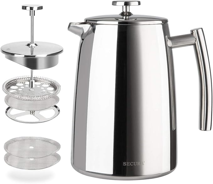 Secura French Press Coffee Maker, 34-Ounce, 304 Stainless Steel Insulated Coffee Press with Extra Screen