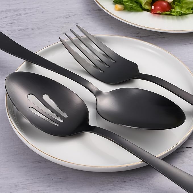 6 Pieces Large Matte Black Serving Set, Stainless Steel | 10.6-in, serving spoons + slotted spoons + serving forks, Catering Buffet Serving Set Hostess Set, for party/banquet/cooking