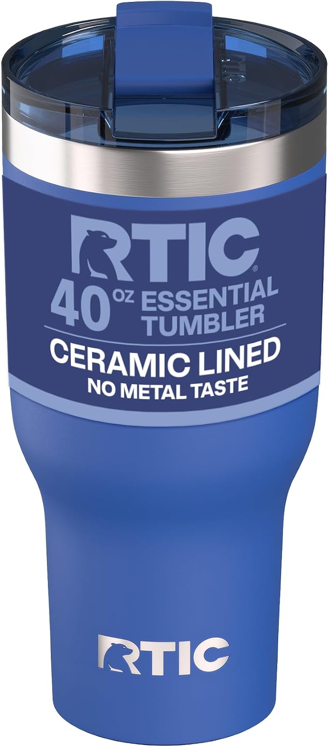 RTIC 40oz Essential Tumbler with Lid, Ceramic Lined, Cobalt | Insulated, Stainless Steel Metal, Portable Travel Cup for Hot and Cold Drinks, Coffee, Car, Camping and Travel
