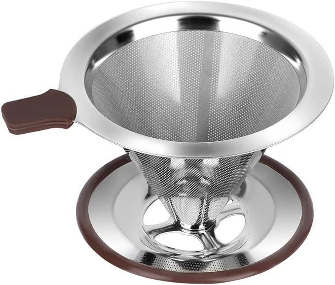 Pour Over Coffee Dripper, Reusable 304 Stainless Steel Filter for 1-2 Cup | Dual 304 stainless micro mesh, silicone heat handle, anti-slip stand, paperless reusable, easy clean for travel camping