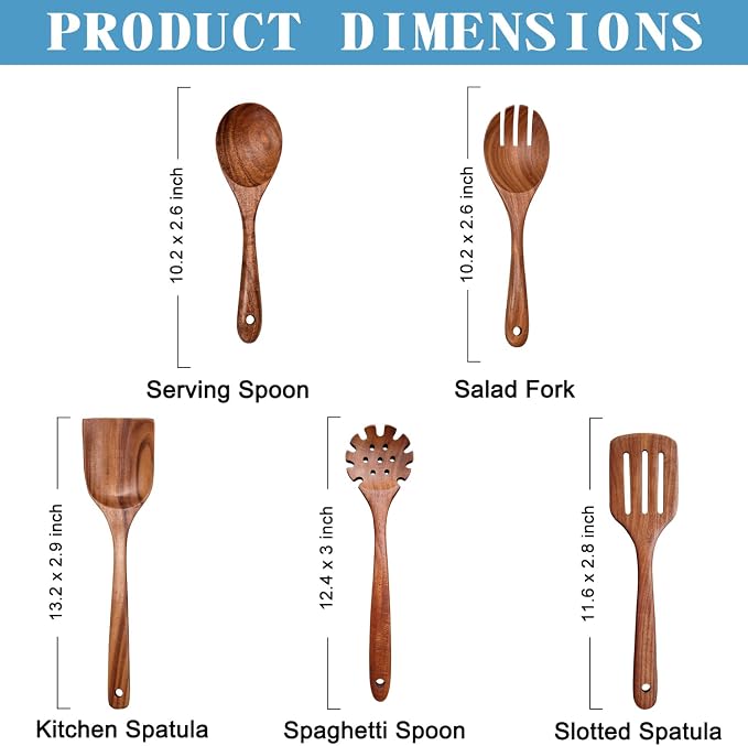 Wooden Spoons for Cooking Non-Stick Kitchen Pan Toolset 5 PCS Set,Natural Kitchen Utensils Spatula, Wooden Cooking Utensils Spoons, Fried Spatula and Salad Fork, Pasta Spoon, Wooden Spoon Set